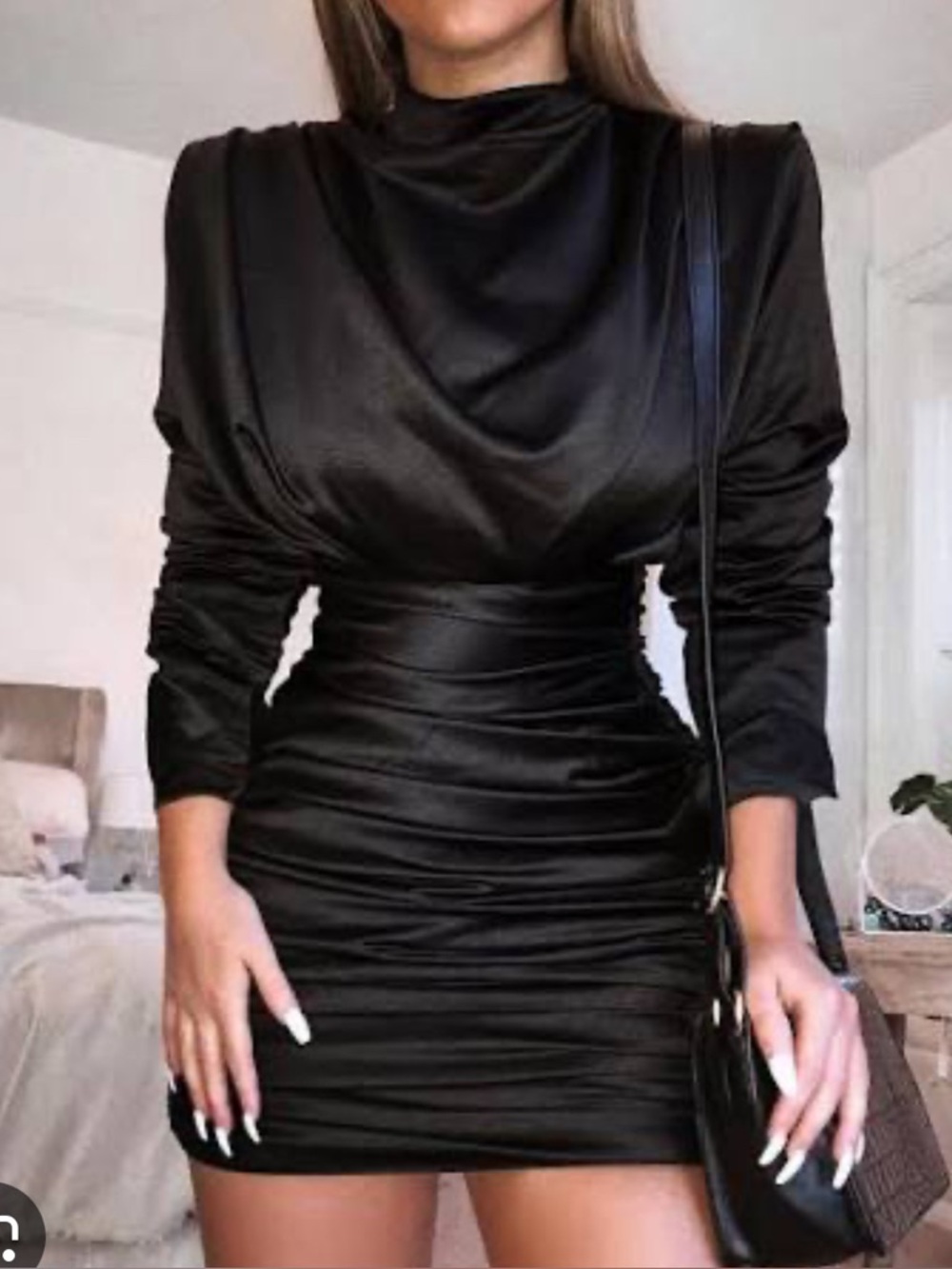 House of CB Black Satin Ruched Mini Dress